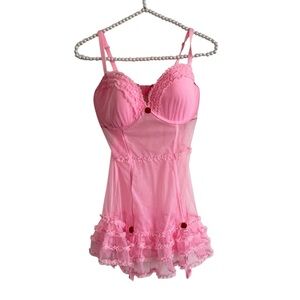 NWT Victoria’s Secret Pink Lace Ruffle Coquette Babydoll Chemise Size 36D